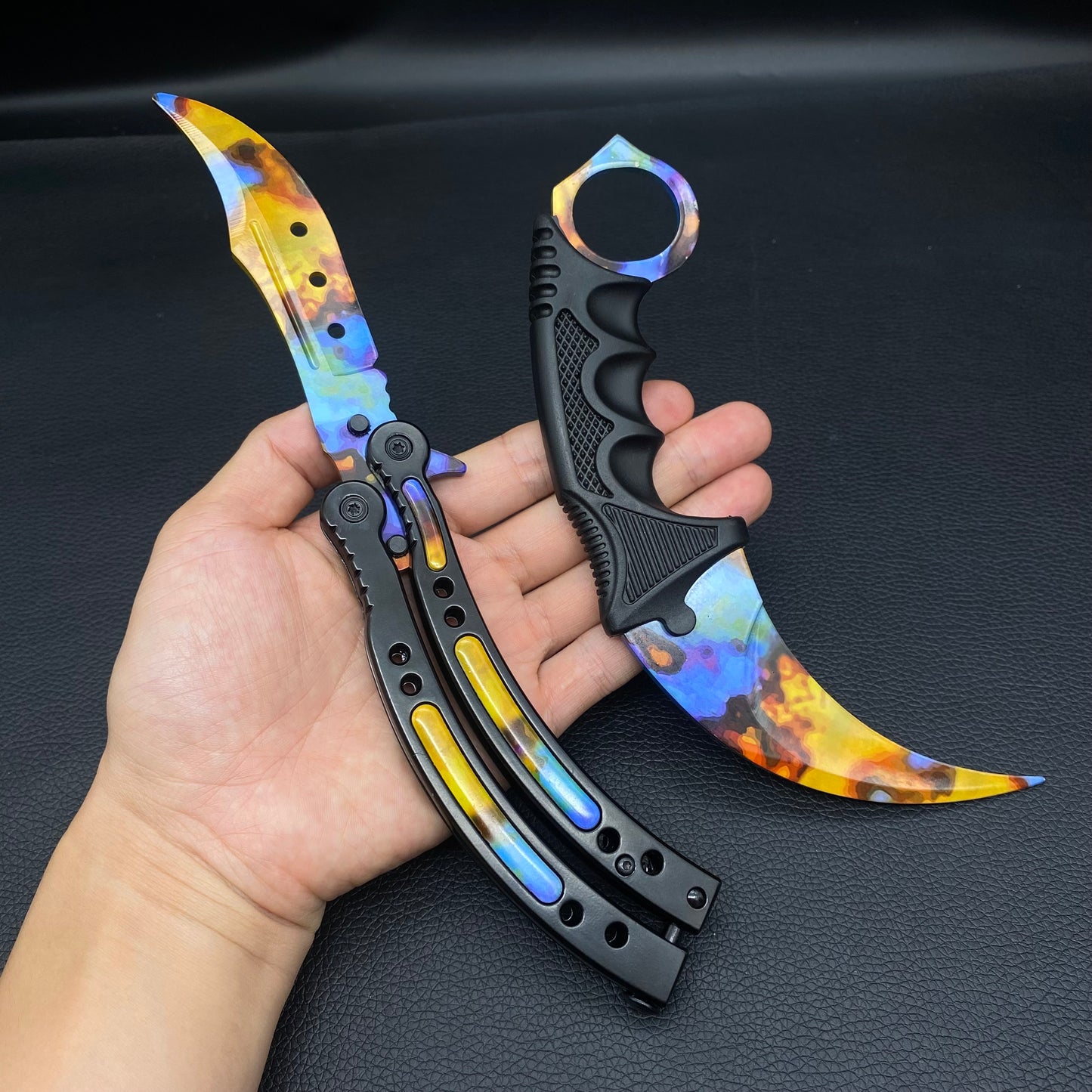 Case Hardened Blunt Blade Karambit Trainer & Balisong Butterfly Knife Trainer 2 in 1 Pack Gift Box