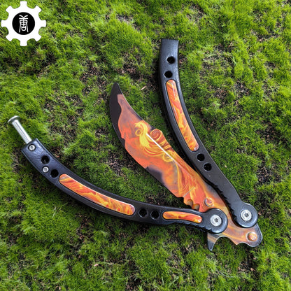 Fiery Phoenix Skin Metal Balisong Game Butterfly Knife 
