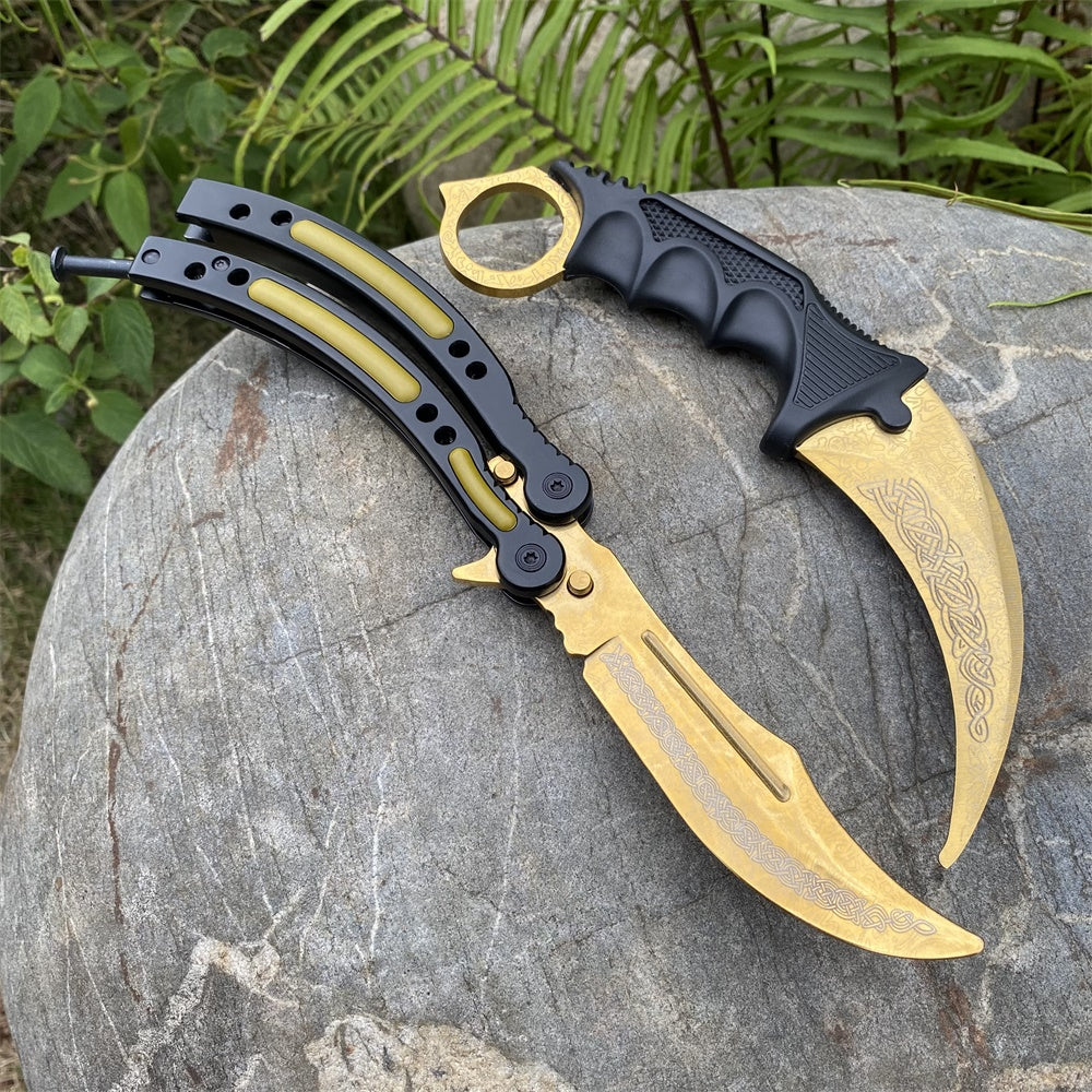 Lore Blunt Blade Karambit Trainer & Balisong Butterfly Knife Trainer 2 in 1 Pack Gift Box