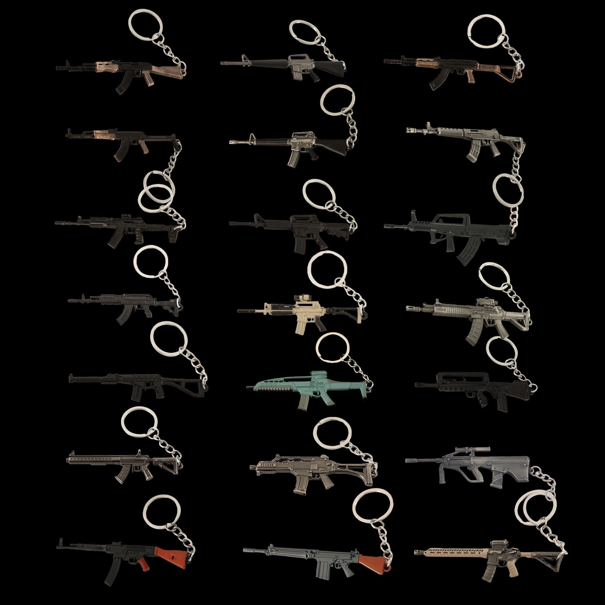 There are 21 classical assault rifle gun keychains in this pack ...