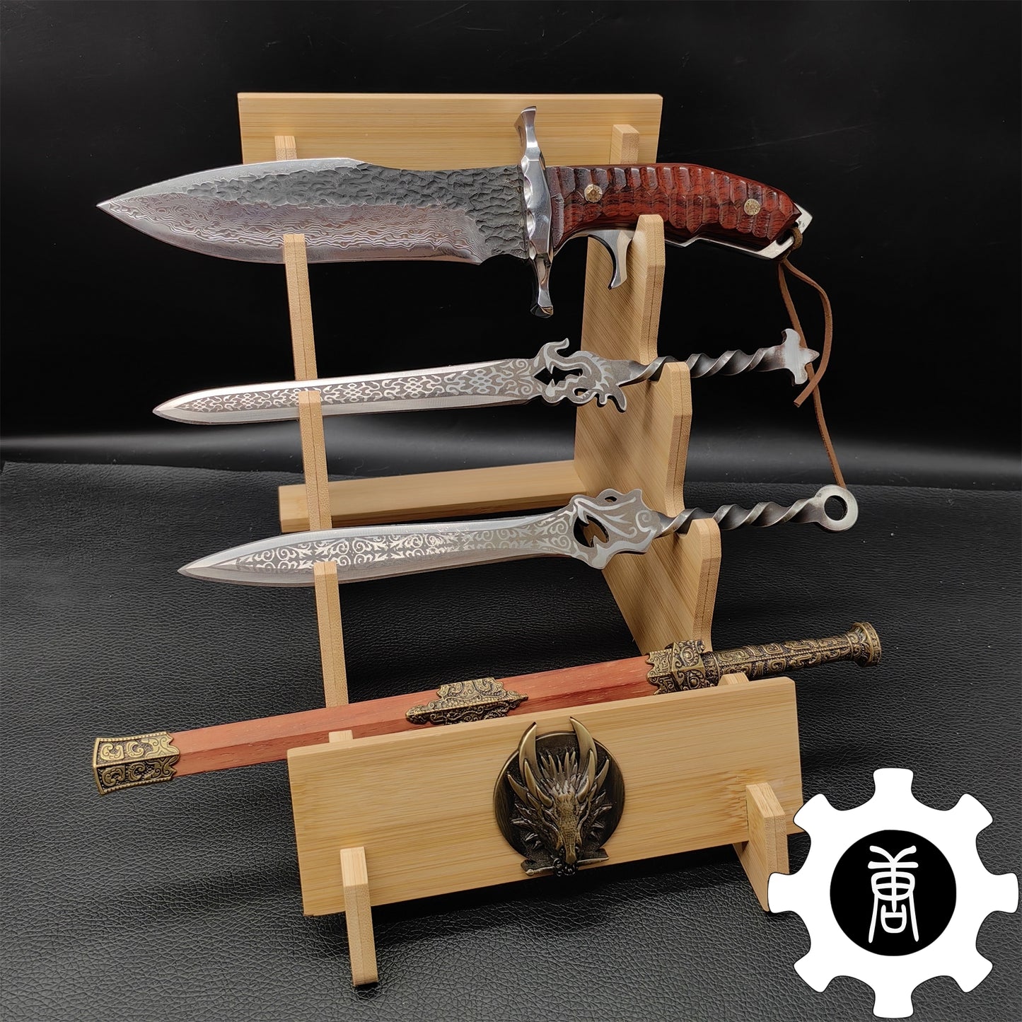 Dragon Head 4-Layer Wooden Holder Dagger Short Sword Display Stand