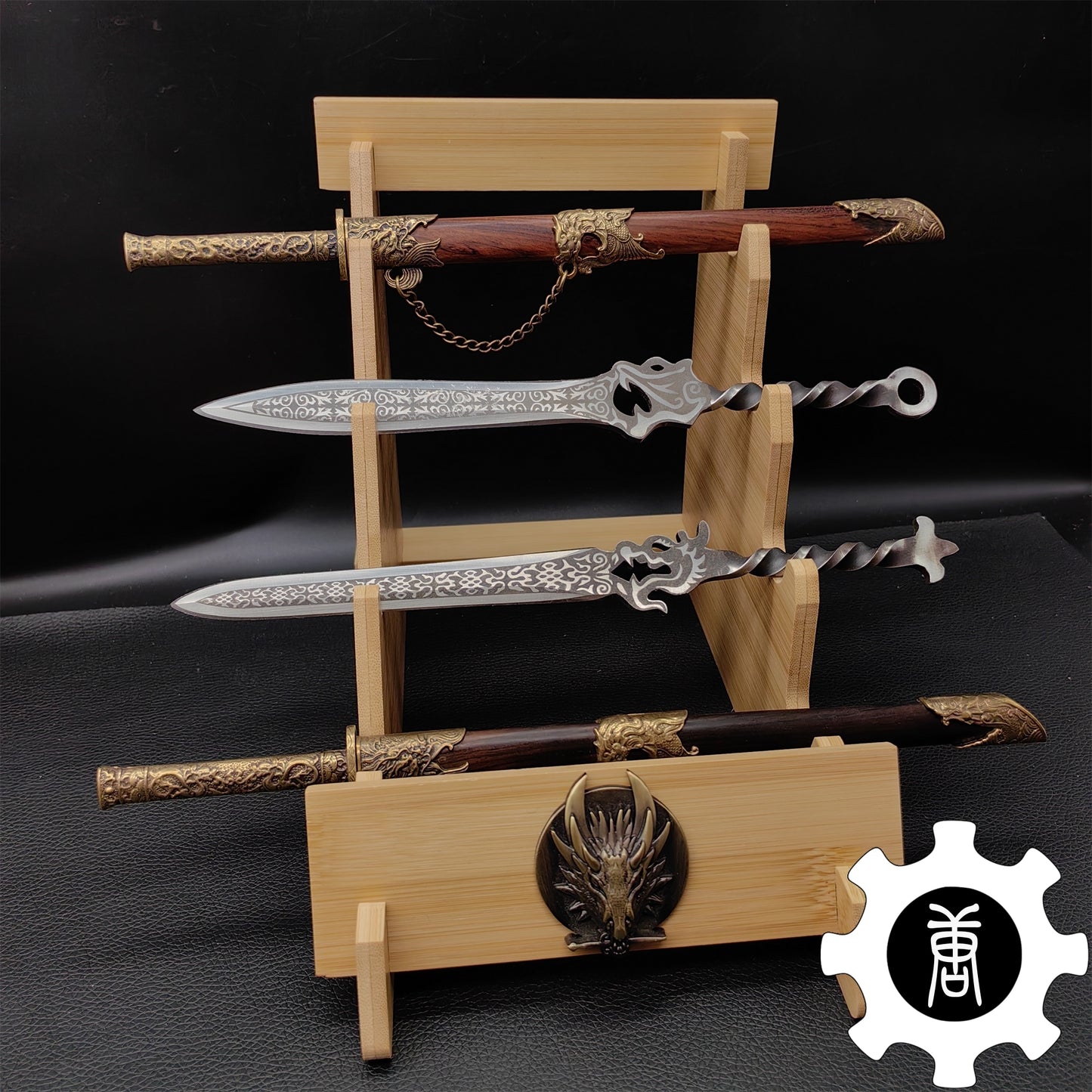 Dragon Head 4-Layer Wooden Holder Dagger Short Sword Display Stand
