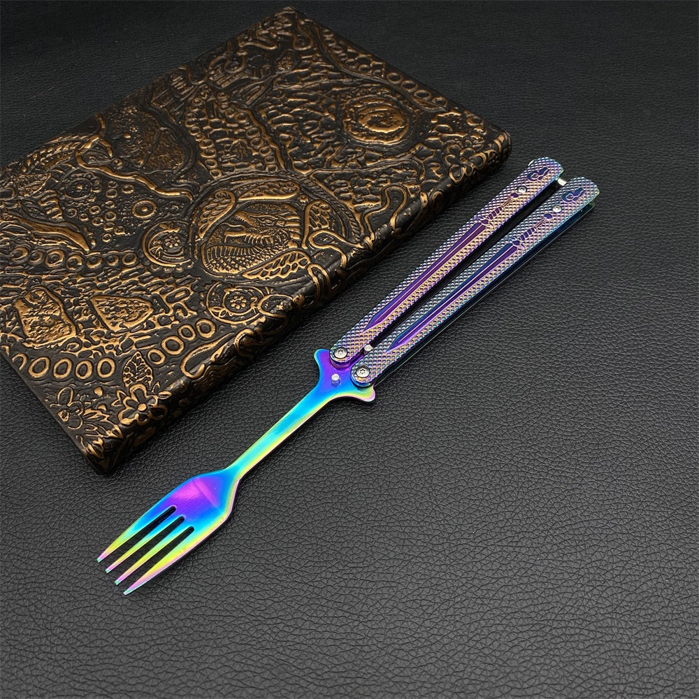 Stainless Steel  Rainbow Fork Spoon Balisong Butterfly Trainer 