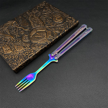 Stainless Steel  Rainbow Fork Spoon Balisong Butterfly Trainer 
