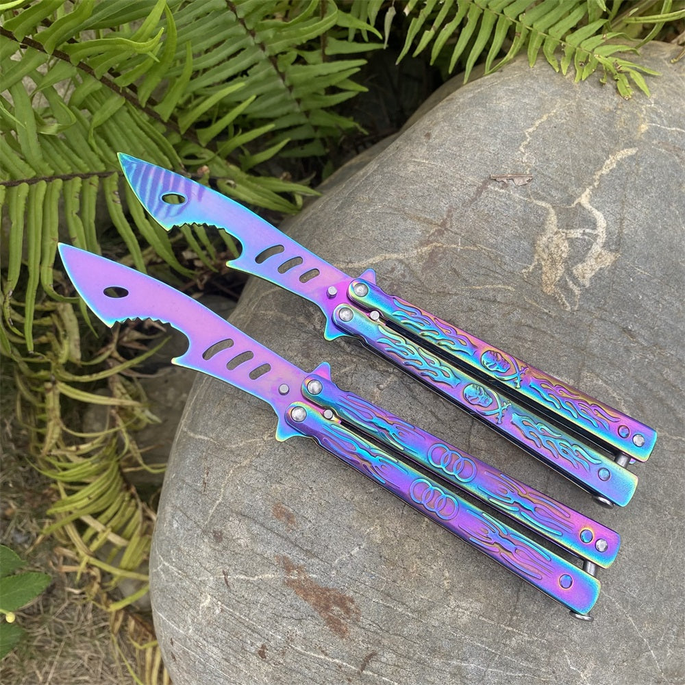 Shark Head 3D Sculpture Rainbow Color Balisong Butterfly Knife Trainer