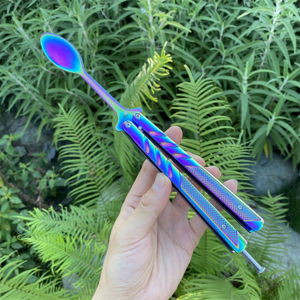 Stainless Steel  Rainbow Fork Spoon Balisong Butterfly Trainer 