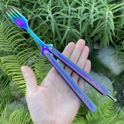 Stainless Steel  Rainbow Fork Spoon Balisong Butterfly Trainer 