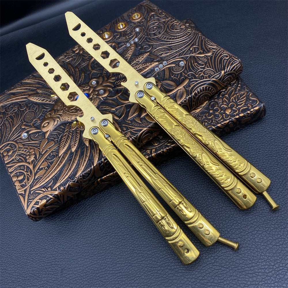Golden Plated Blunt Blade 3D Tiger Sculpture Rocket Butterfly Knife Trainer