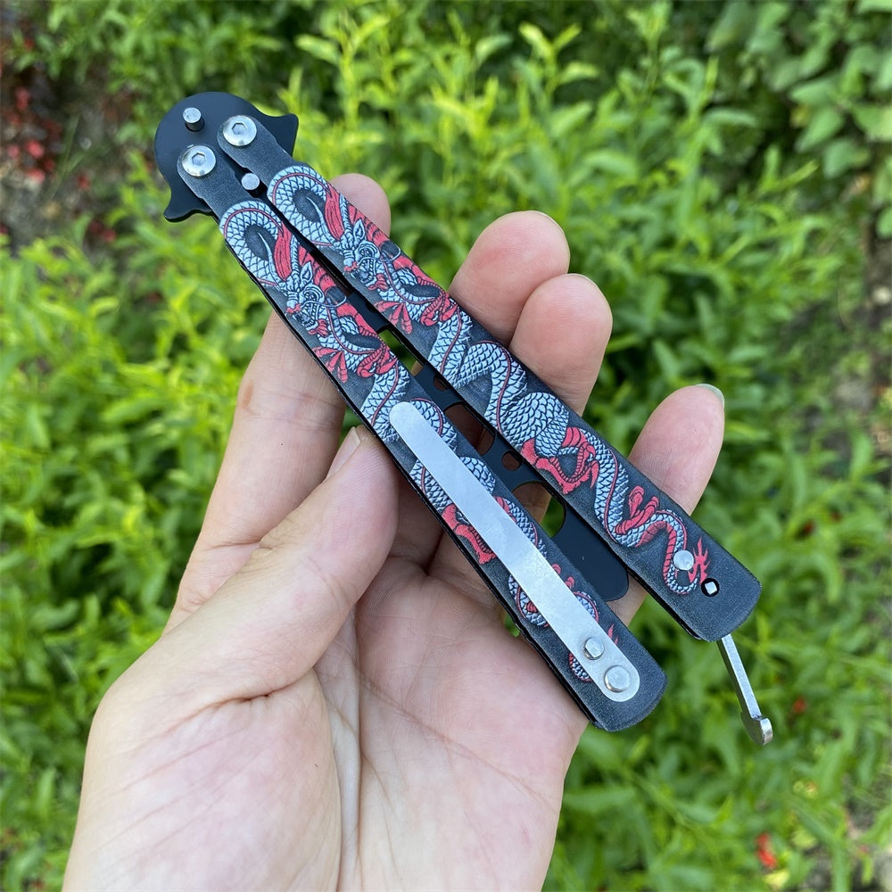 Stainless Steel Colorful 3D Dragon Sculpture Balisong Trainer Blunt Blade Butterfly Knife Trainer