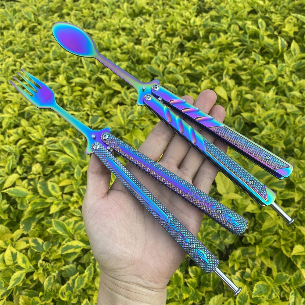 Stainless Steel  Rainbow Fork Spoon Balisong Butterfly Trainer 