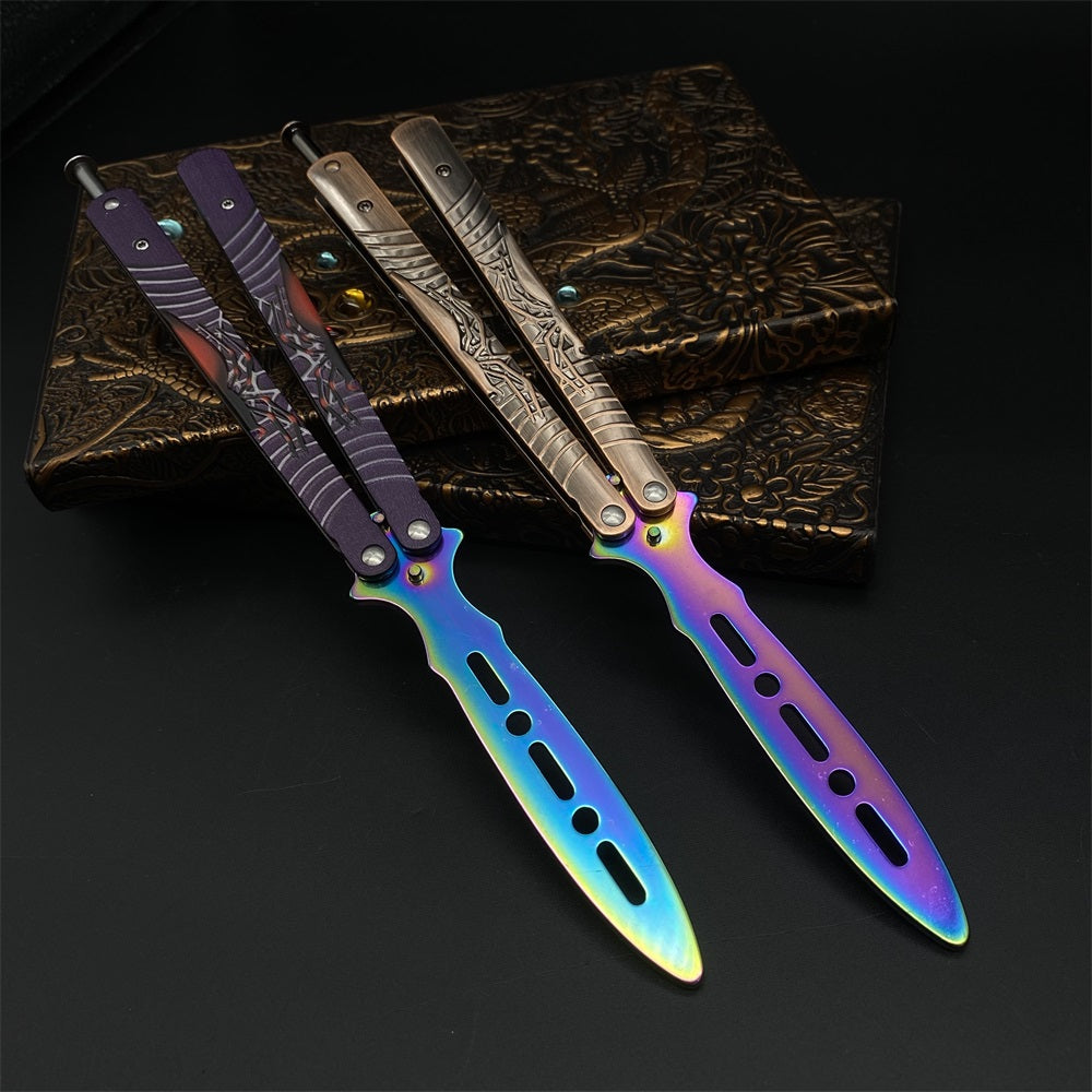 Blunt Blade Stainless Steel 3D Spider Relief Balisong Butterfly Knife Trainer