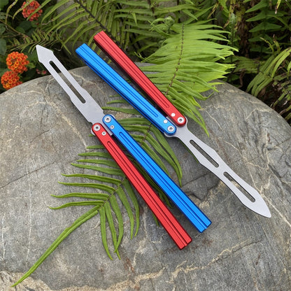 CNC Cutting High-End Sword Head Butterfly Knife Balisong Trainer With Red Blue Color Aluminum Alloy Handle