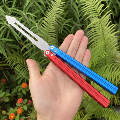 CNC Cutting High-End Sword Head Butterfly Knife Balisong Trainer With Red Blue Color Aluminum Alloy Handle