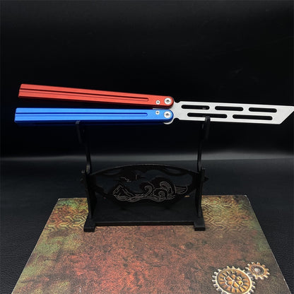 High-End CNC Blue Red Contrast Colored Balisong Butterfly Knife  Trainer Safe Dull Blade 