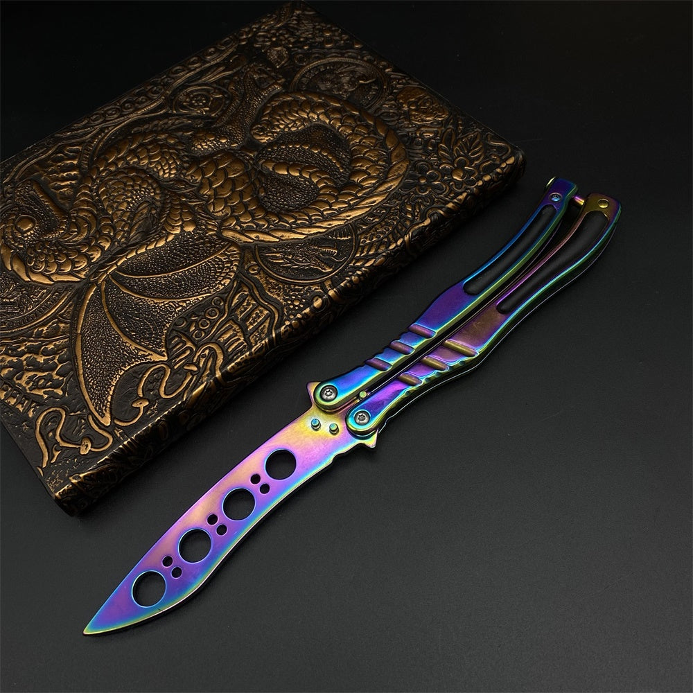 Golden Plated Balisong Trainer & Rainbow Colored CF Butterfly Trainer