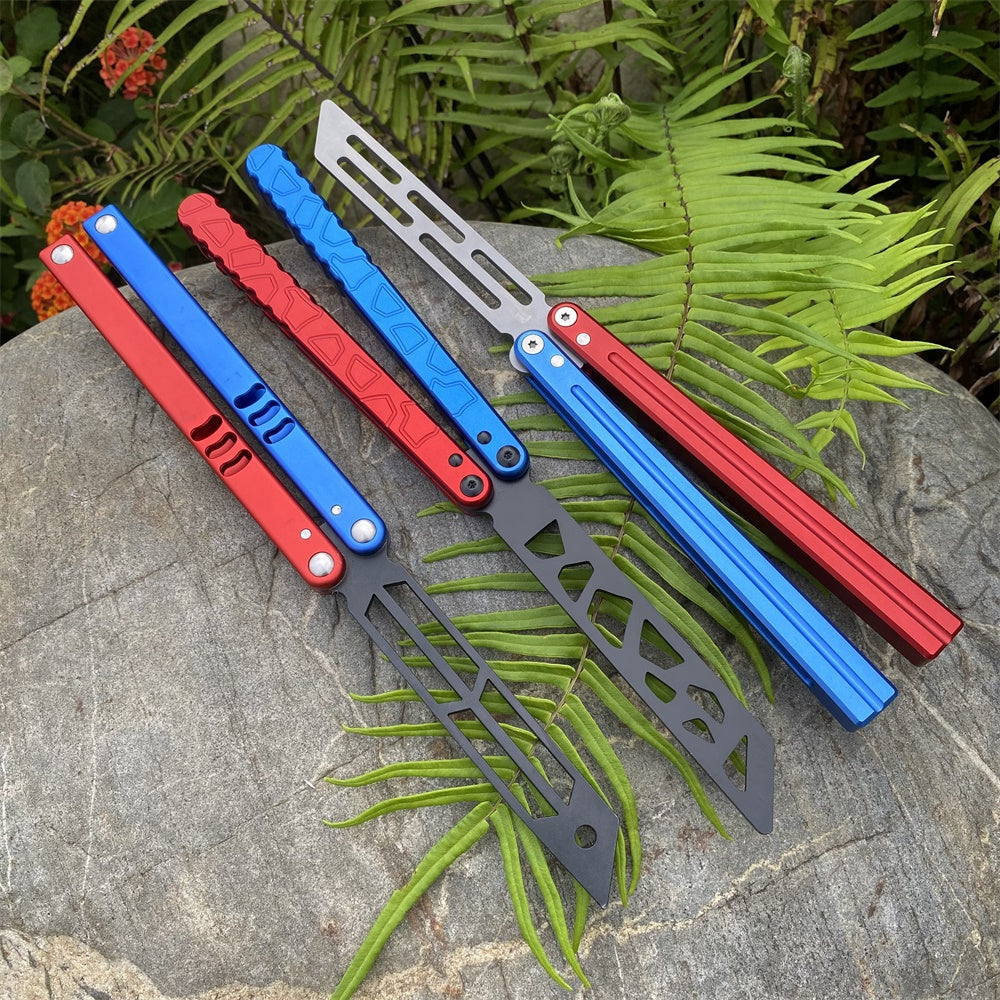 High-End CNC Blue Red Contrast Colored Balisong Butterfly Knife  Trainer Safe Dull Blade 