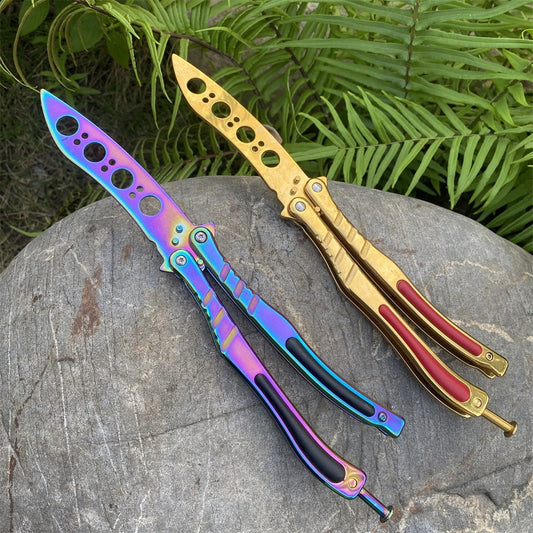 Golden Plated Balisong Trainer & Rainbow Colored CF Butterfly Trainer