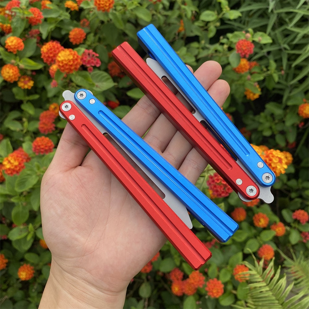 CNC Cutting High-End Sword Head Butterfly Knife Balisong Trainer With Red Blue Color Aluminum Alloy Handle