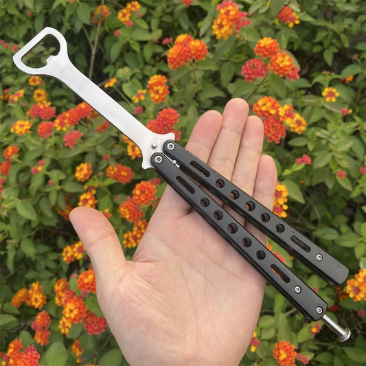 Blunt Blade Black Steel Handle Bottle Opener Balisong Butterfly Knife Trainer