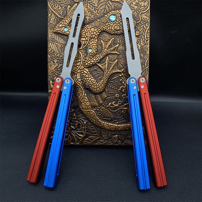 CNC Cutting High-End Sword Head Butterfly Knife Balisong Trainer With Red Blue Color Aluminum Alloy Handle