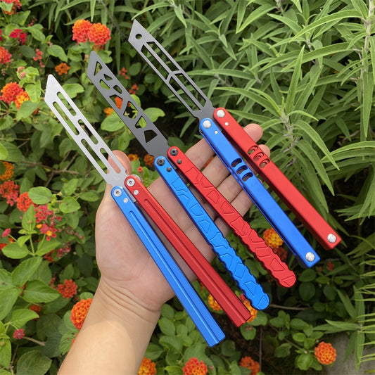 High-End CNC Blue Red Contrast Colored Balisong Butterfly Knife  Trainer Safe Dull Blade 