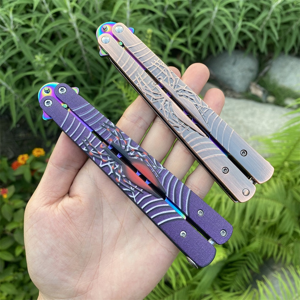 Blunt Blade Stainless Steel 3D Spider Relief Balisong Butterfly Knife Trainer
