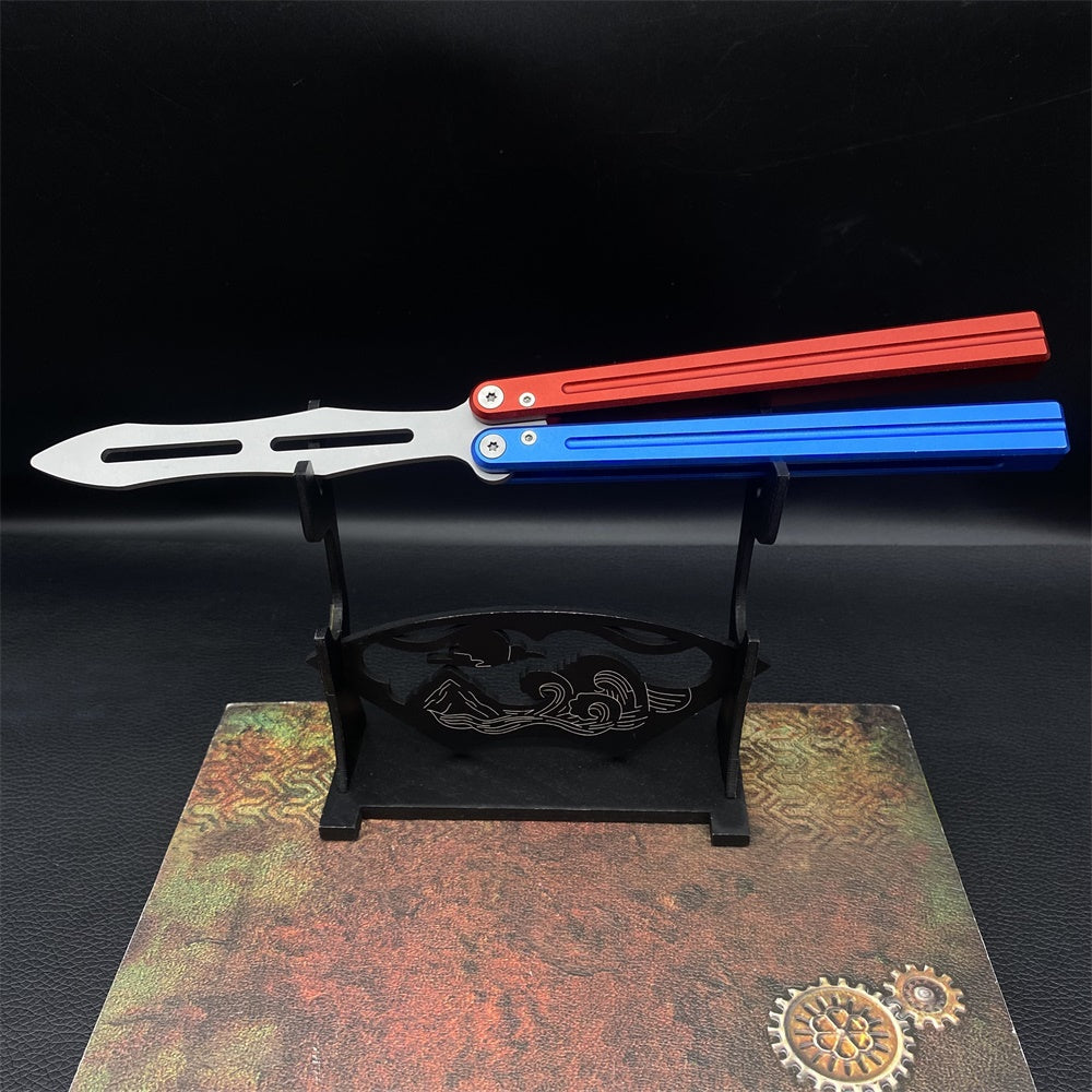 CNC Cutting High-End Sword Head Butterfly Knife Balisong Trainer With Red Blue Color Aluminum Alloy Handle