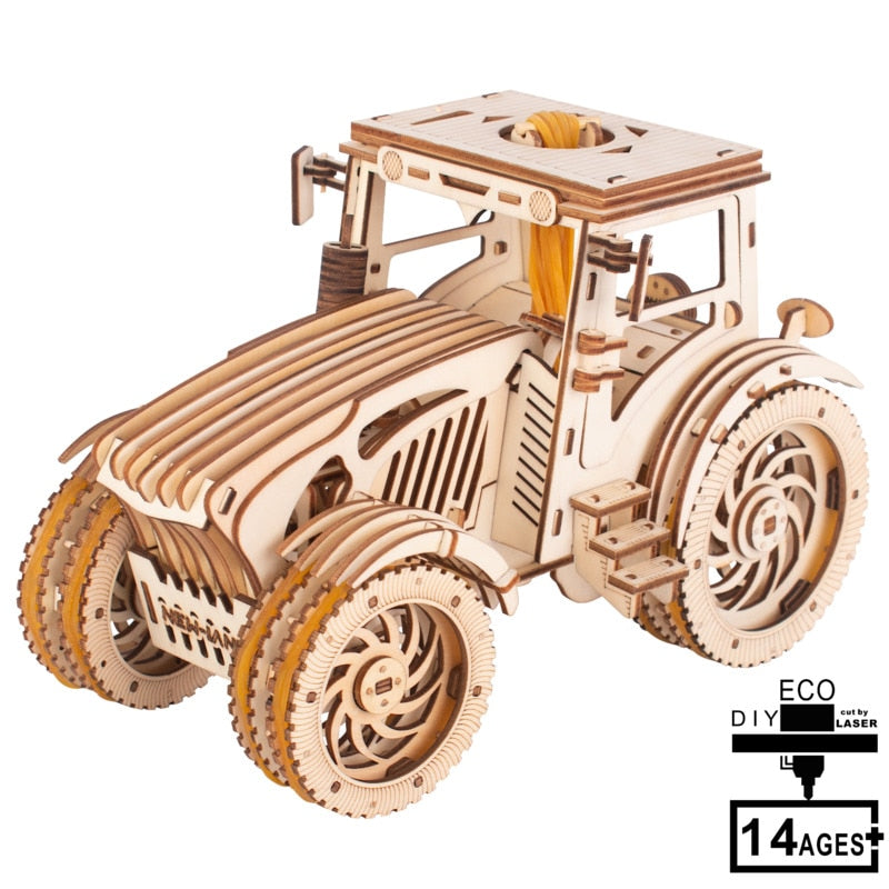 3D Wooden Handmade Assembled Toy Set Rubber Tractor Three-dimensional Wooden Puzzle Model Car Kits