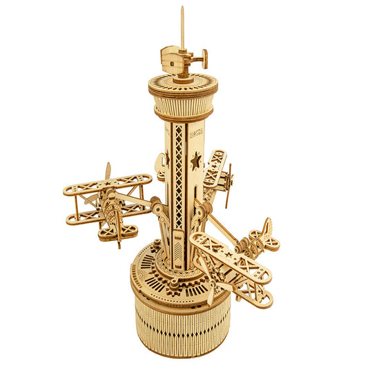 3D Airplane Control Wood Puzzle Tower Assembly Music Box Present for Adult Children