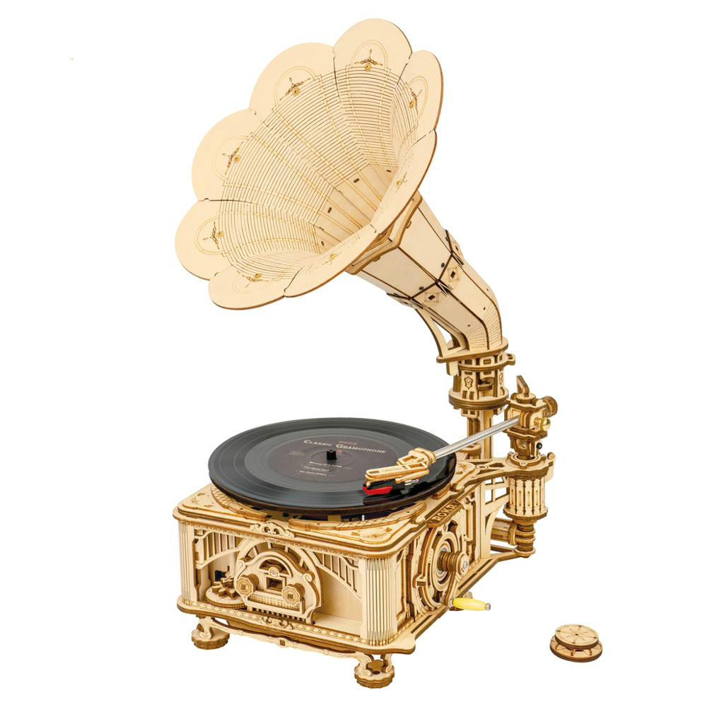 DIY Crank Gramophone Classic Wooden Model Kits Assembly Toy