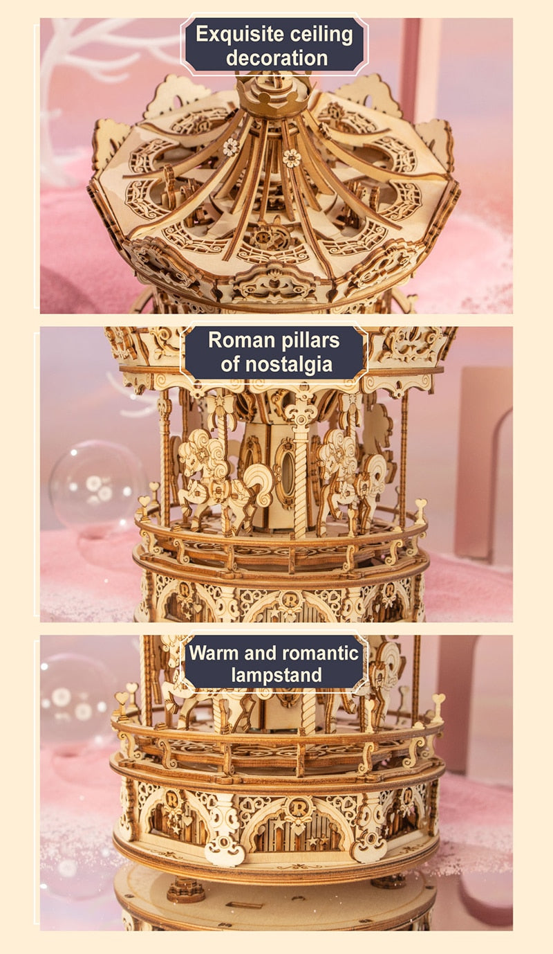 Diy 3D Romantic Carousel Wood Puzzle Assembly Music Box