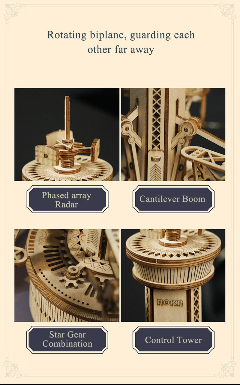 DIY Assembly Wooden 3D Puzzle Airplane Control Tower Music Box Model