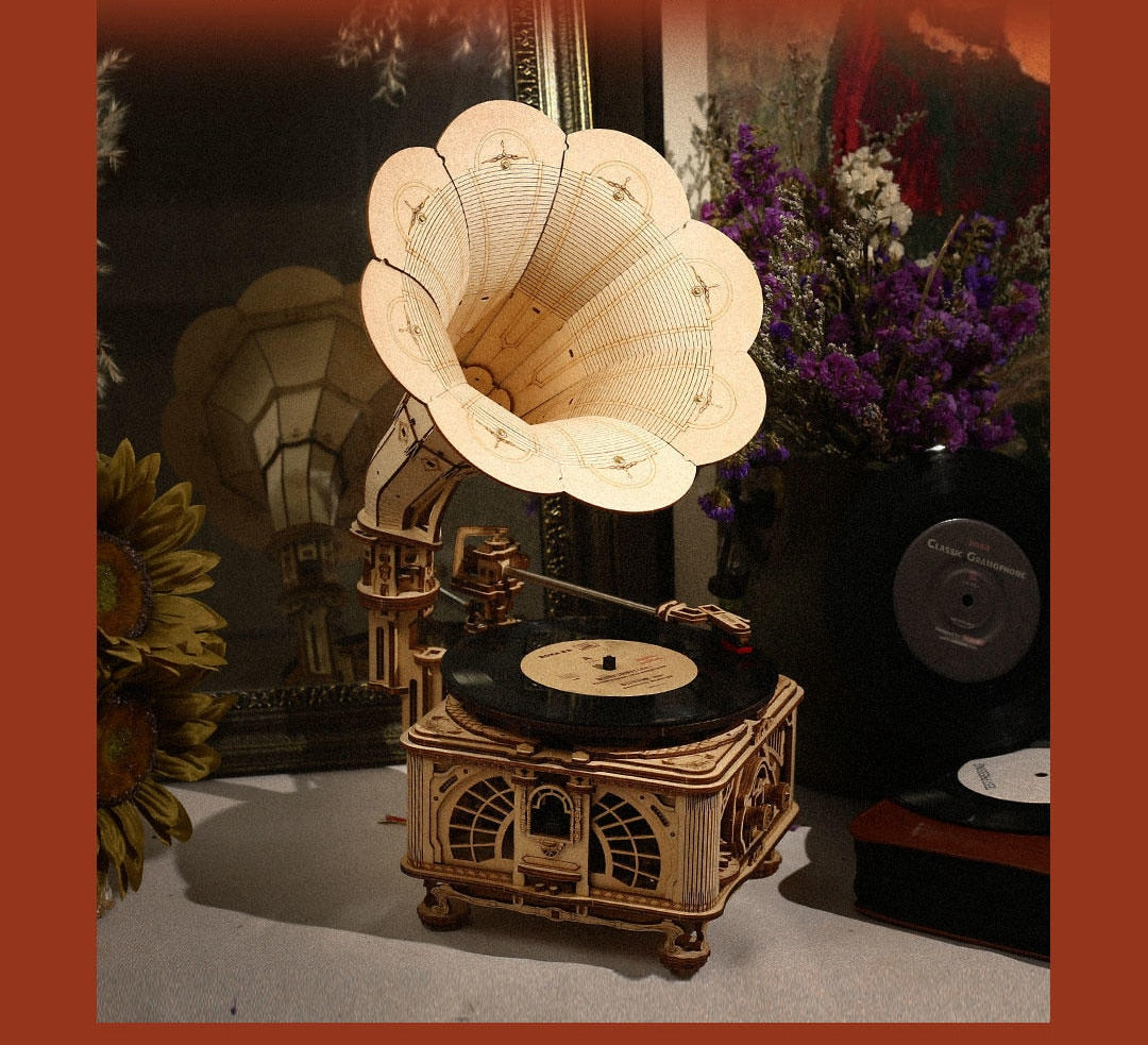 DIY Crank Gramophone Classic Wooden Model Kits Assembly Toy