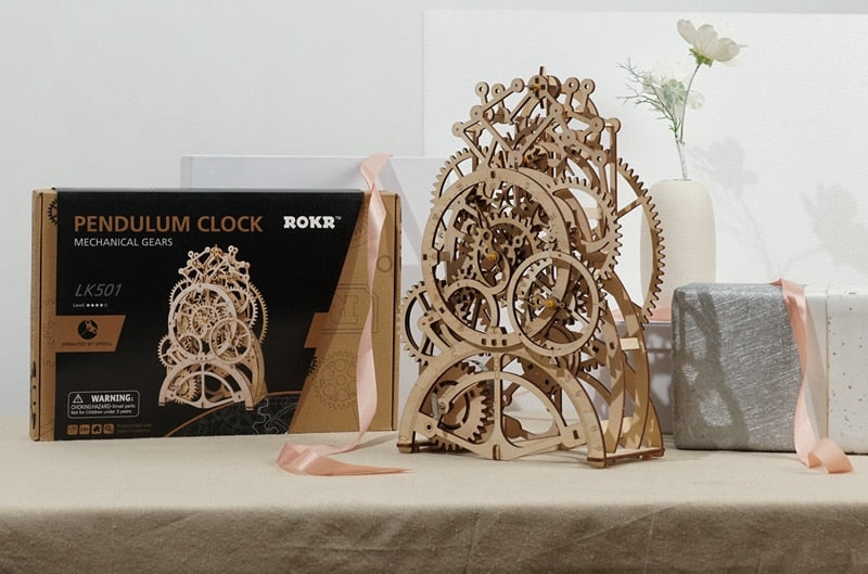 DIY 3D Mechanical Wood Block Construction Kits Toy Assembly Pendulum Clock