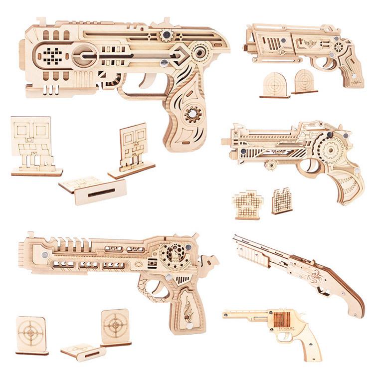 3D Wooden Puzzle Woodcraft Assembly Kit Hunting wolf Eagle Train Dragon Rubber Band Gun For Boy Christmas Gift