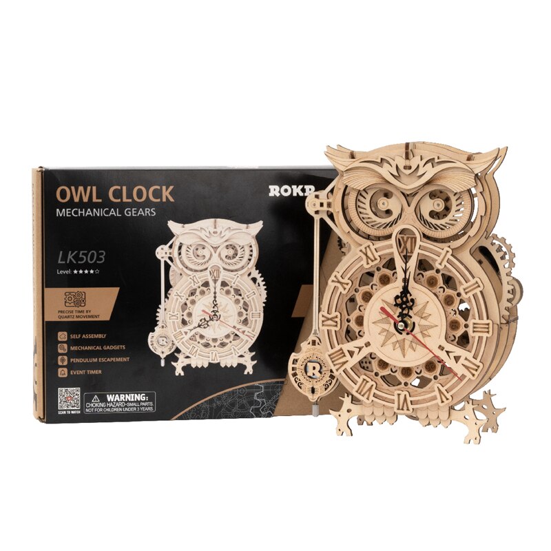 3D Owl Clock Wooden Model Building Block Kits