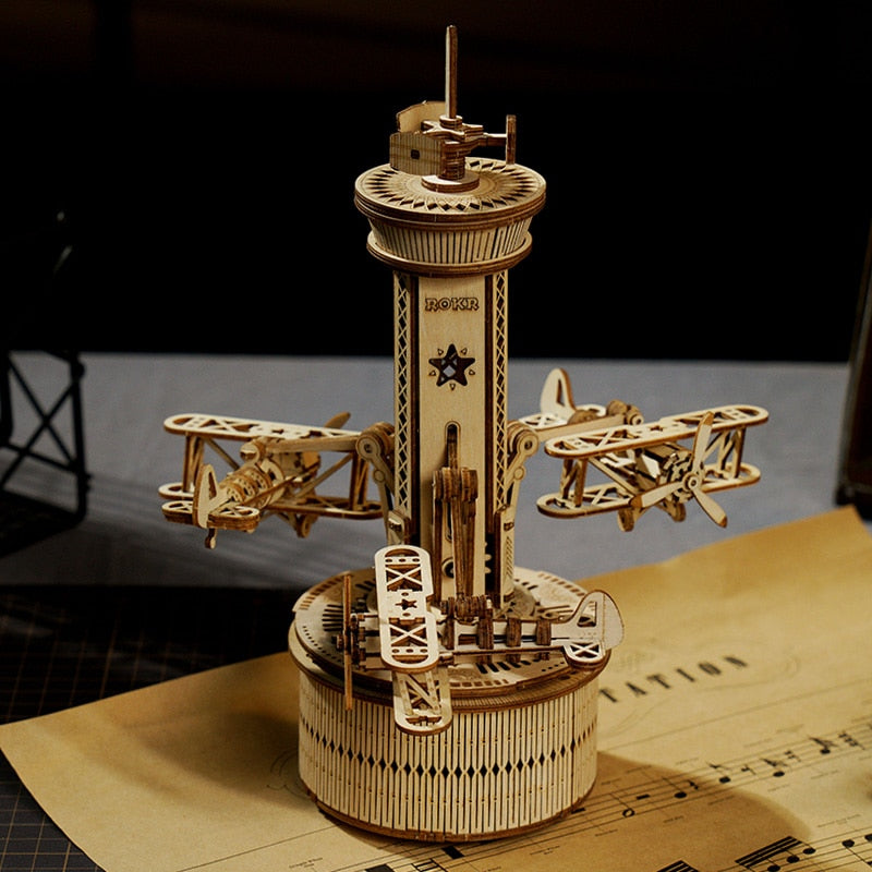 DIY Assembly Wooden 3D Puzzle Airplane Control Tower Music Box Model