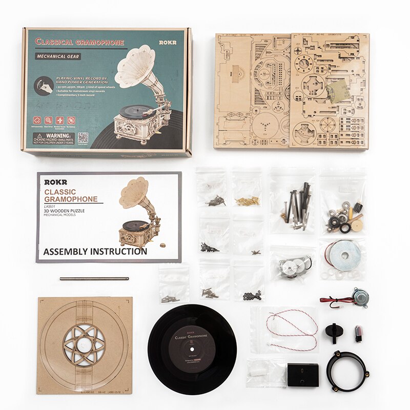 DIY Crank Gramophone Classic Wooden Model Kits Assembly Toy