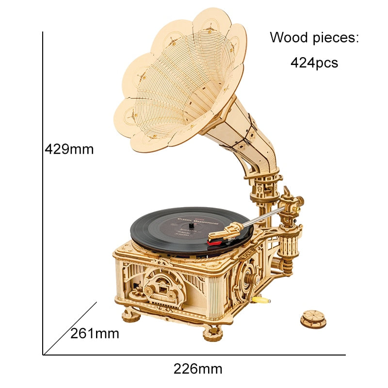 DIY Crank Gramophone Classic Wooden Model Kits Assembly Toy