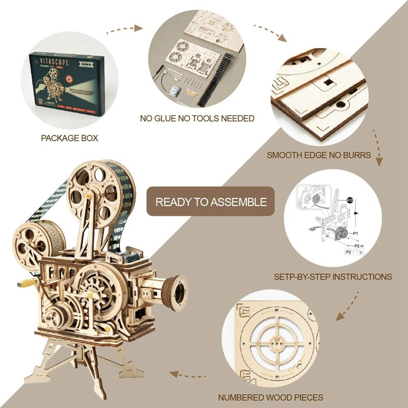 3D Hand Crank Film Projector Wooden Model Building Kits