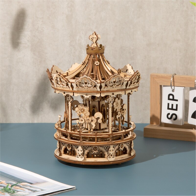 Diy 3D Romantic Carousel Wood Puzzle Assembly Music Box