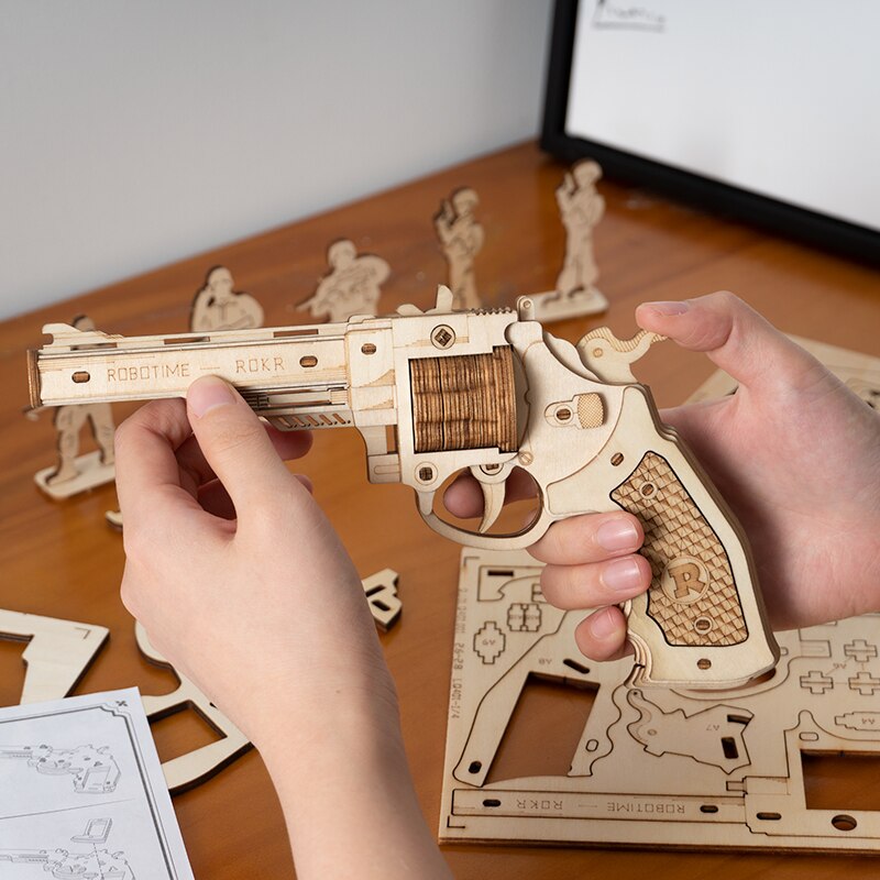 Wooden Revolver Kit 3D Wooden Puzzle Rubber Band Guns For Your Little Cowboy