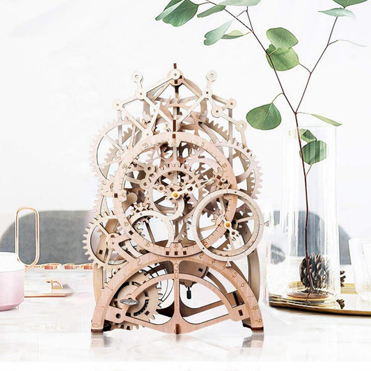 DIY 3D Mechanical Wood Block Construction Kits Toy Assembly Pendulum Clock