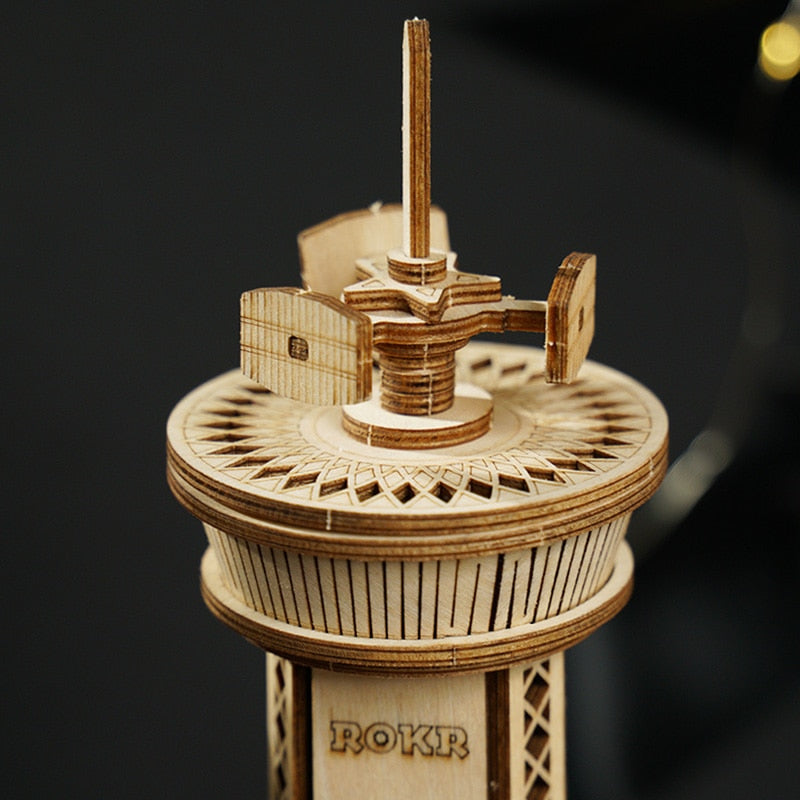 DIY Assembly Wooden 3D Puzzle Airplane Control Tower Music Box Model