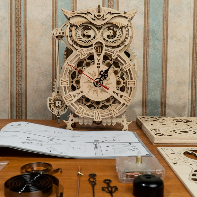 3D Owl Clock Wooden Model Building Block Kits