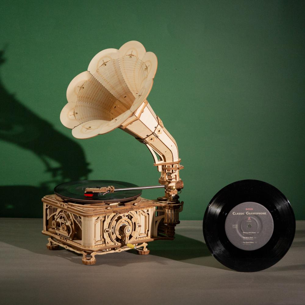 DIY Crank Gramophone Classic Wooden Model Kits Assembly Toy