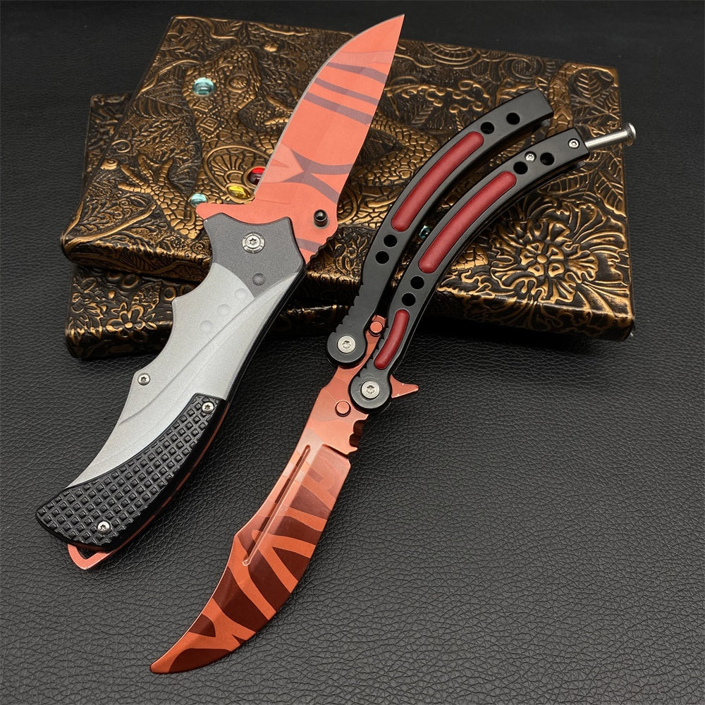 Metal Blunt Blade Slaughter Butterfly Trainers & Sharp Blade Folding Knife 2 in 1 Pack